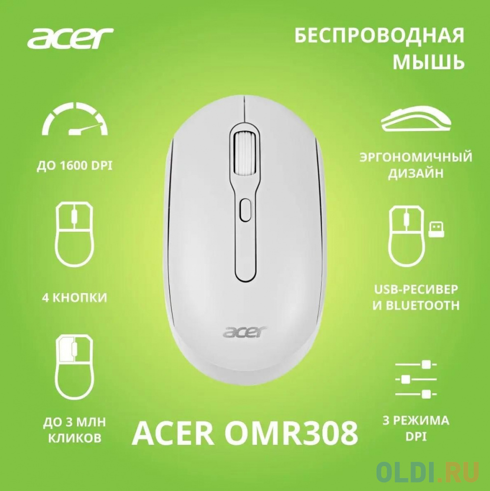 Мышь Acer OMR308 белый оптическая (1600dpi) беспроводная USB (4but) в Москвe