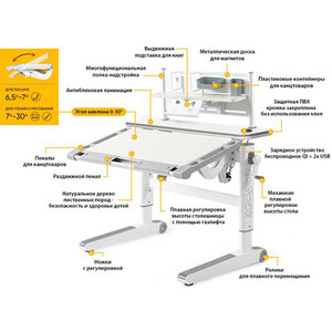 Детский стол Mealux Ergowood - L Multicolor + полка BD P-18 TG (BD-810 TG/MC Energy + BD P-18 TG) столешница беленый дуб/накладки на ножках серые в Москвe