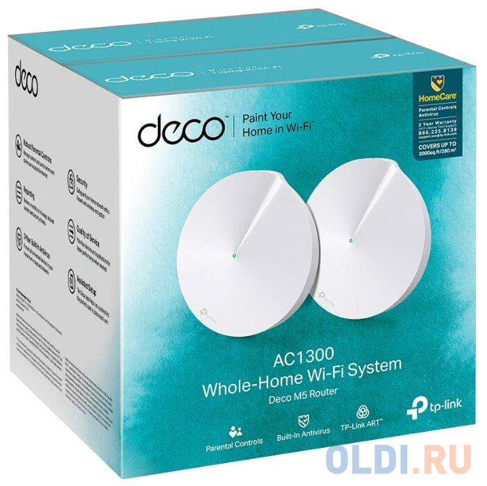 Wi-Fi система TP-LINK DECO M5(2-PACK) 802.11abgnac 1267Mbps 2.4 ГГц 5 ГГц 2xLAN белый