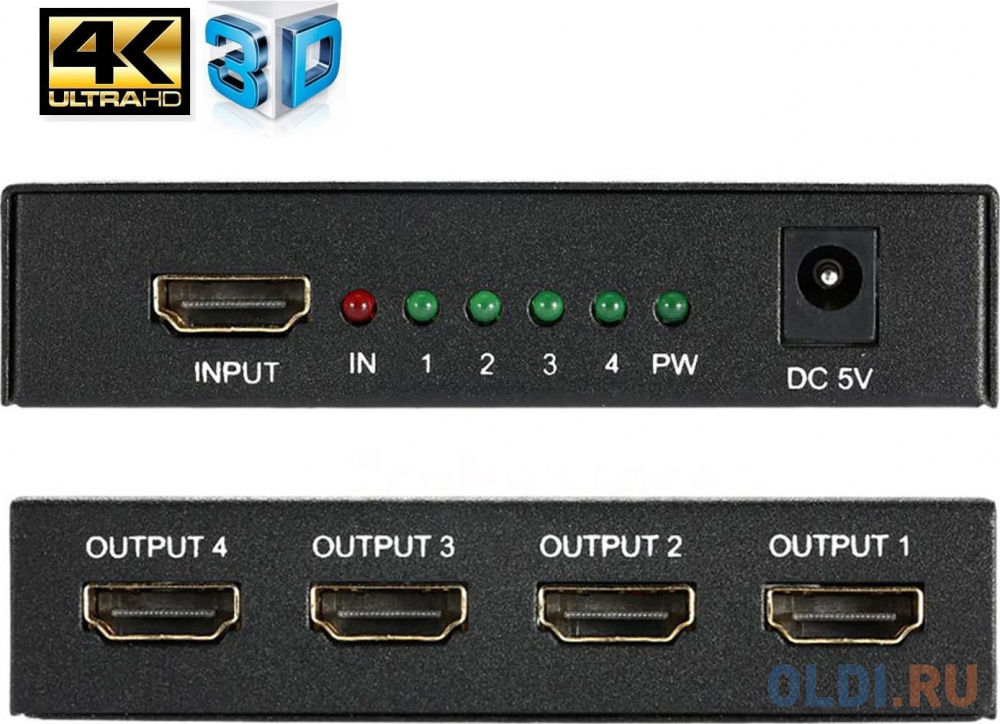 Разветвитель HDMI 4K Orient HSP0104HN, 1-4, HDMI 1.4/3D, UHDTV 4K(3840x2160)/HDTV1080p/1080i/720p, HDCP1.2, внешний БП-зарядник 2xUSB 5В/2.1A, метал.