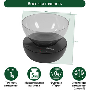 Весы кухонные Marta MT-1648 черный жемчуг