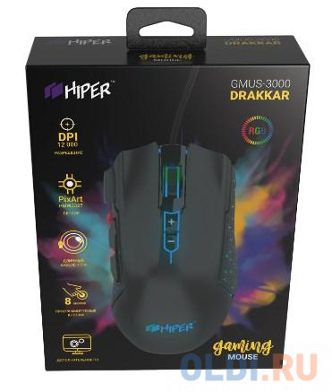 Игровая мышь HIPER DRAKKAR чёрная (USB, 8 кнопок, 10000 dpi, PMW3327, RGB подсветка, регулировка веса)