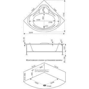 Акриловая ванна BAS Мега 160х160 с каркасом, без гидромассажа (В 00024)