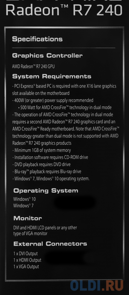 Видеокарта Sapphire PCI-E 11216-35-20G R7 240 4G boost AMD Radeon R7 240 4096 128 DDR3 780/3600 DVIx1/HDMIx1/CRTx1/HDCP lite