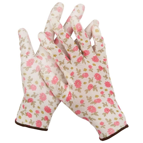 Перчатки садовые полиэстер с полиуретановым покрытием, 13 класс, M, белый/розовый, GRINDA (11291-M)