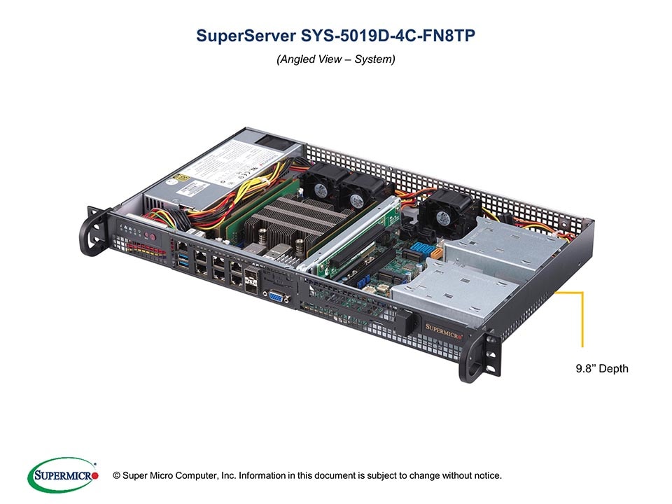 Серверная платформа SuperMicro 5019D-4C-FN8TP, 1xIntel Xeon D-2123IT, 4xDDR4, 1xM.2-PCI-E/SATA, 4xGLAN, 2x10GLAN, 2x10G SFP+, IPMI, 1x200 Вт, 1U (SYS-5019D-4C-FN8TP)
