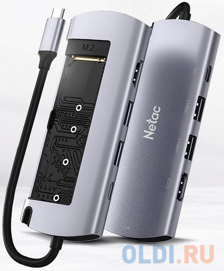 Внешний корпус NETAC WH41 <NT07WH41-32C0> для SSD M.2 SATA -> 2х USB3.0 + HDMI + RJ45 (LAN 1Gbs) питание по USB PD Type-C