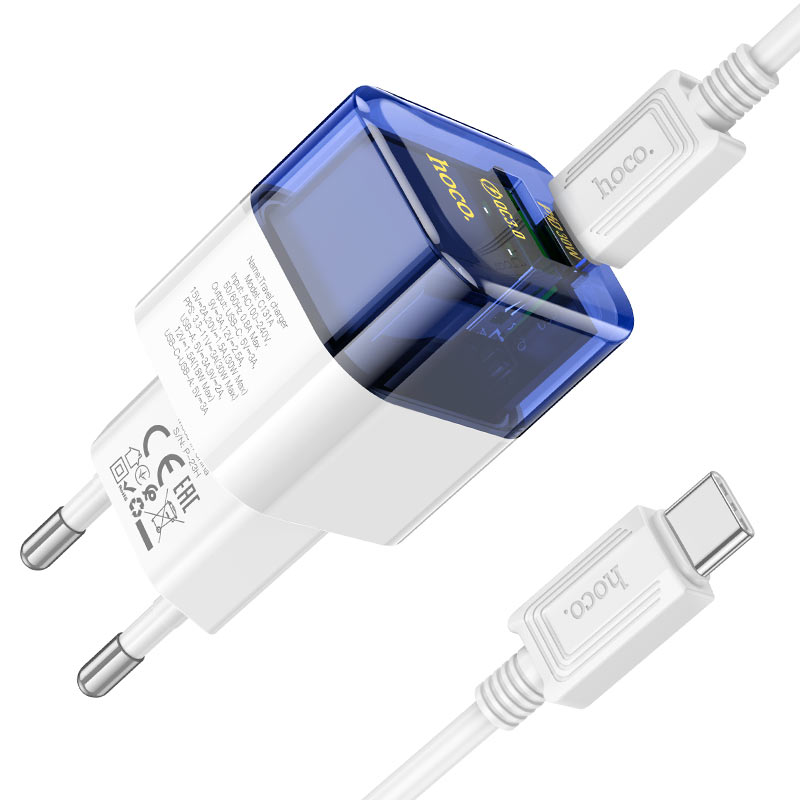 Зарядное устройство Hoco C131A Platinum USB - Type-C + кабель Type-C Blue-Transparent 6942007609876
