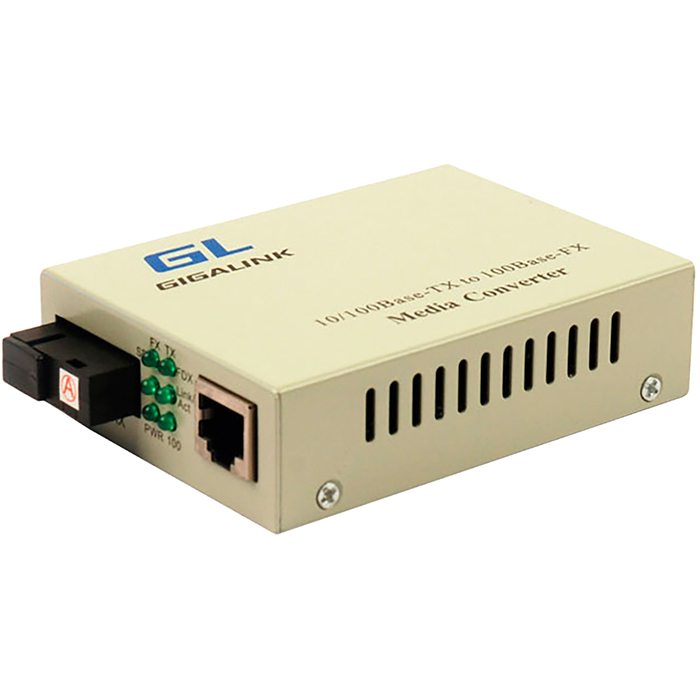 Медиаконвертер GIGALINK, RJ-45x100 Мбит/с, SCx100 Мбит/с, Tx:1310, Rx:1550, 20км, (GL-MC-UTPF-SC1F-18SM-1310)
