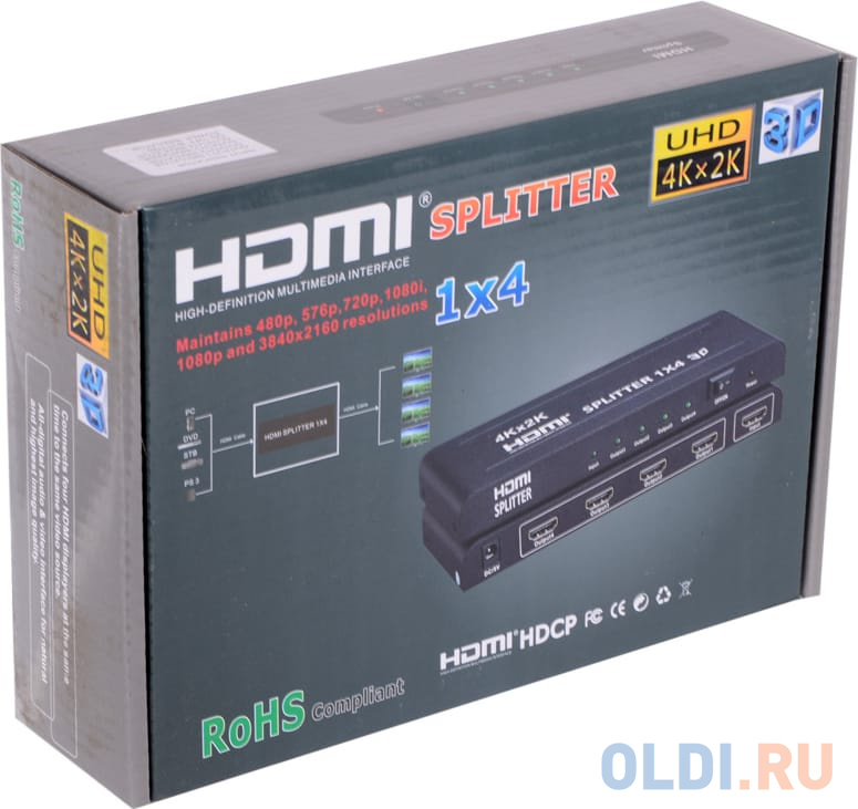 Разветвитель HDMI 4K Splitter Orient HSP0104H , 1->4, HDMI 1.4b/3D, UHDTV 4K(3840x2160)/HDTV1080p/1080i/720p, HDCP1.2, внешний БП 5В/1.5A, метал.ко