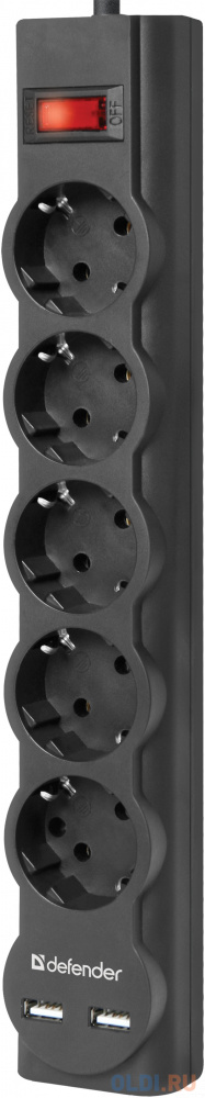 Сетевой фильтр Defender DFS 753 черный 3,0 м, 5 розеток, 2xUSB, 2.1A