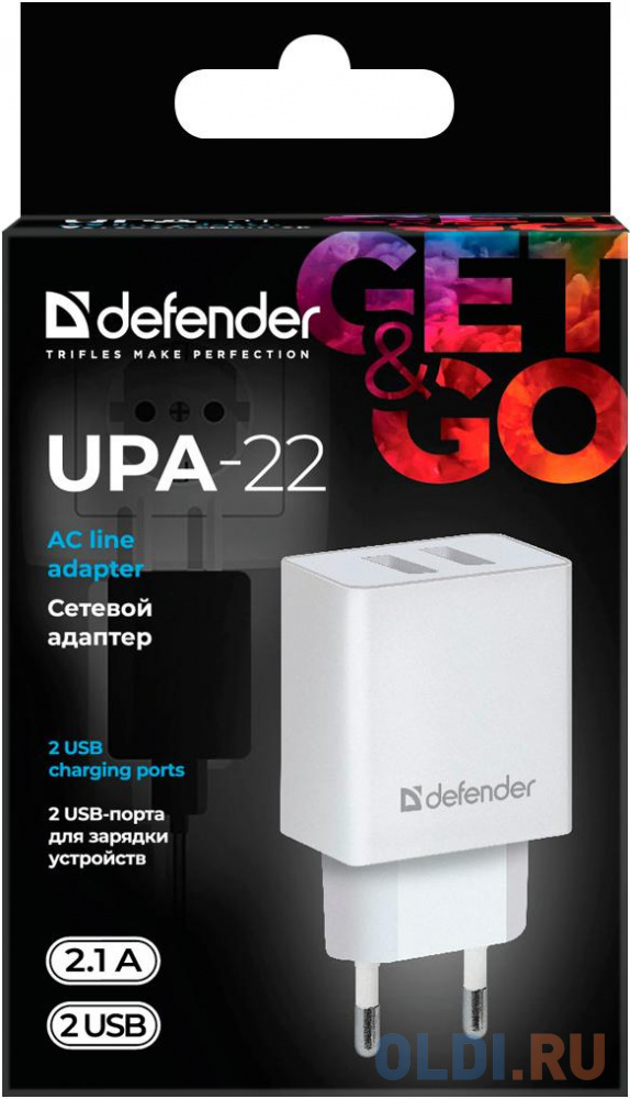 Сетевой адаптер Defender UPA-22 белый, 2xUSB, 2.1А