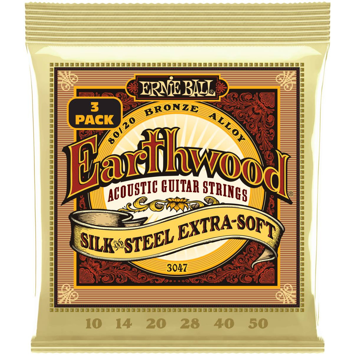 Струны ERNIE BALL 3047 Earthwood 80/20 Silk and Steel Extra Soft 3 Pack 10-50 для акустической гитары