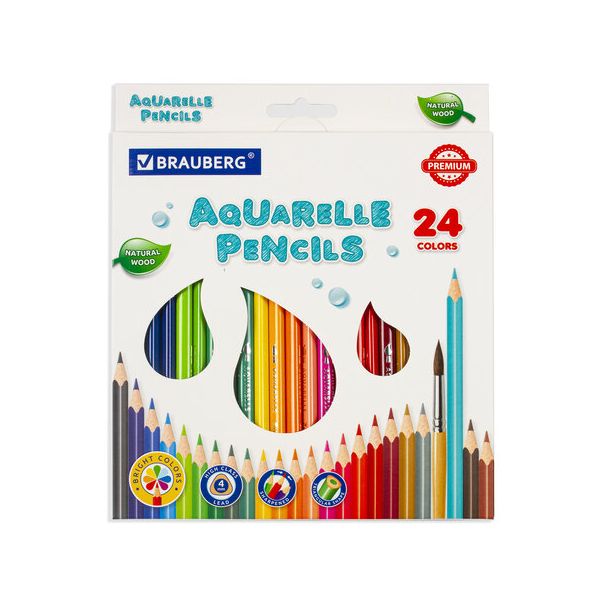 Карандаши цветные акварельные BRAUBERG PREMIUM AQUARELLE, 24 цвета, грифель мягкий 4 мм, 181673 в Москвe