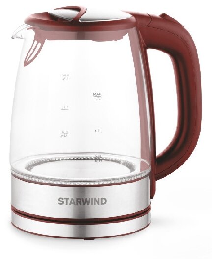 Чайник Starwind SKG2419 1.7л. 2200Вт, закрытая спираль, пластик/стекло, бордовый/серебристый