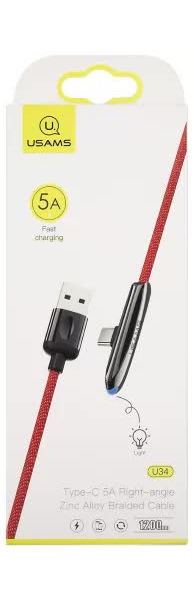 Дата-Кабель USAMS-U34 USB - Type-C с индикатором, боковой, красный (SJ363USB02)