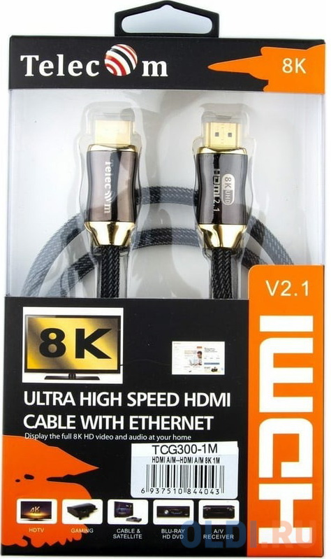 Кабель HDMI 19M/M,ver. 2.1, 8K@60 Hz 1m метал разъемы, Telecom <TCG365-1M> в Москвe