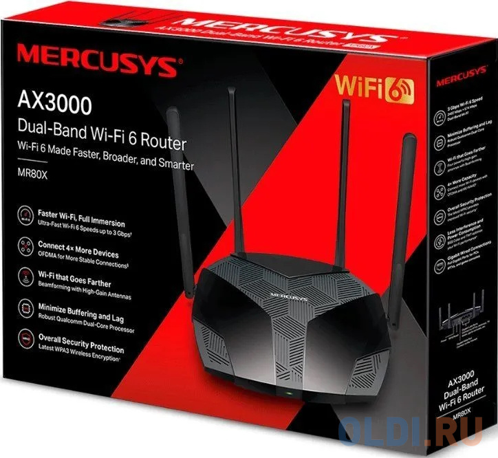 Беспроводной маршрутизатор Mercusys MR80X 802.11ax 2976Mbps 2.4 ГГц 5 ГГц 3xLAN черный