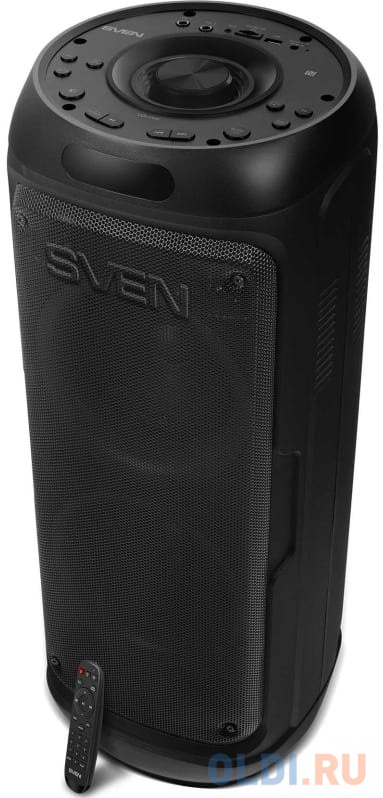 Мобильные колонки SVEN PS-770 2.0 чёрные (2x50W, mini Jack, USB, Bluetooth, FM, micro SD, NFC, LED-дисплей, ПДУ,  4400 мA, LED подсветка) в Москвe