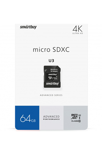 Карта памяти SmartBuy micro SDXC 64Gb Advanced Series UHS-I U3 V30 A1 + ADP (90/55 Mb/s)