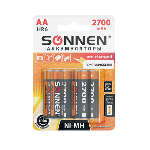 Аккумулятор SONNEN, AA, HR06, 1.2V 2.7 А·ч, 6 шт. (455608)