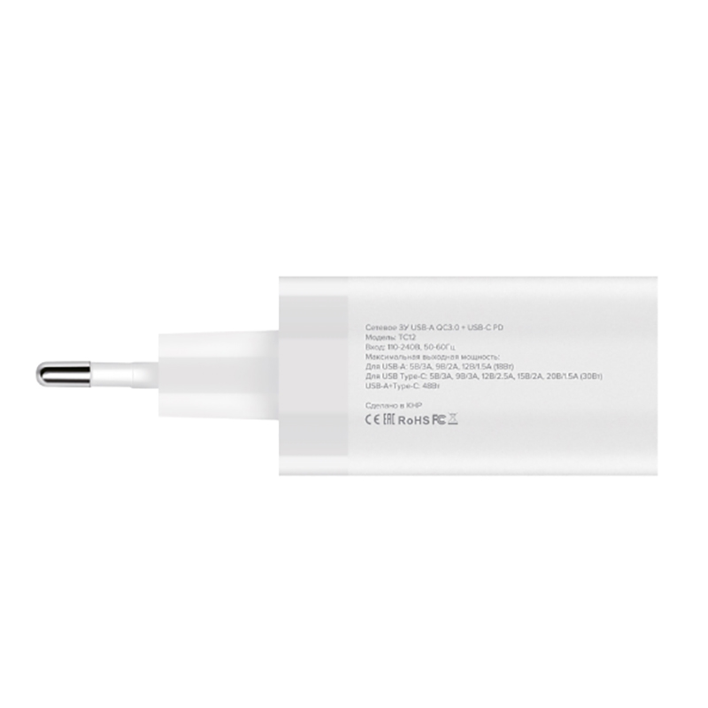 Зарядное устройство Pero TC12 USB-A QC3.0 + USB-C PD 48W White ТС12W в Москвe