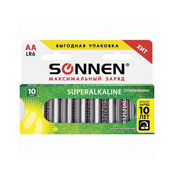 Батарейка SONNEN Super Alkaline, АА (LR06, 15А), алкалиновые, 10шт., в коробке, 454231