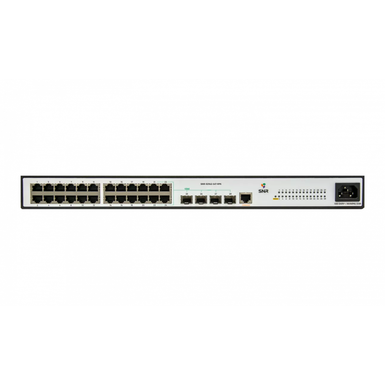 Коммутатор SNR SNR-S2962-24T-RPS, управляемый, кол-во портов: 24x100 Мбит/с, кол-во SFP/uplink: SFP 4x1 Гбит/с, установка в стойку (SNR-S2962-24T-RPS)