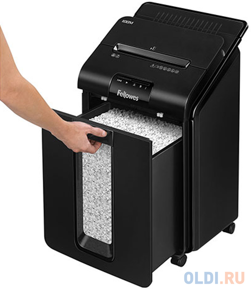 Fellowes Шредер AutoMax 100M FS-4629201 {(секр.P-4)/минирезка/100лист./23лтр./Уничт:скрепки, скобы, пл.карты,автореверс}