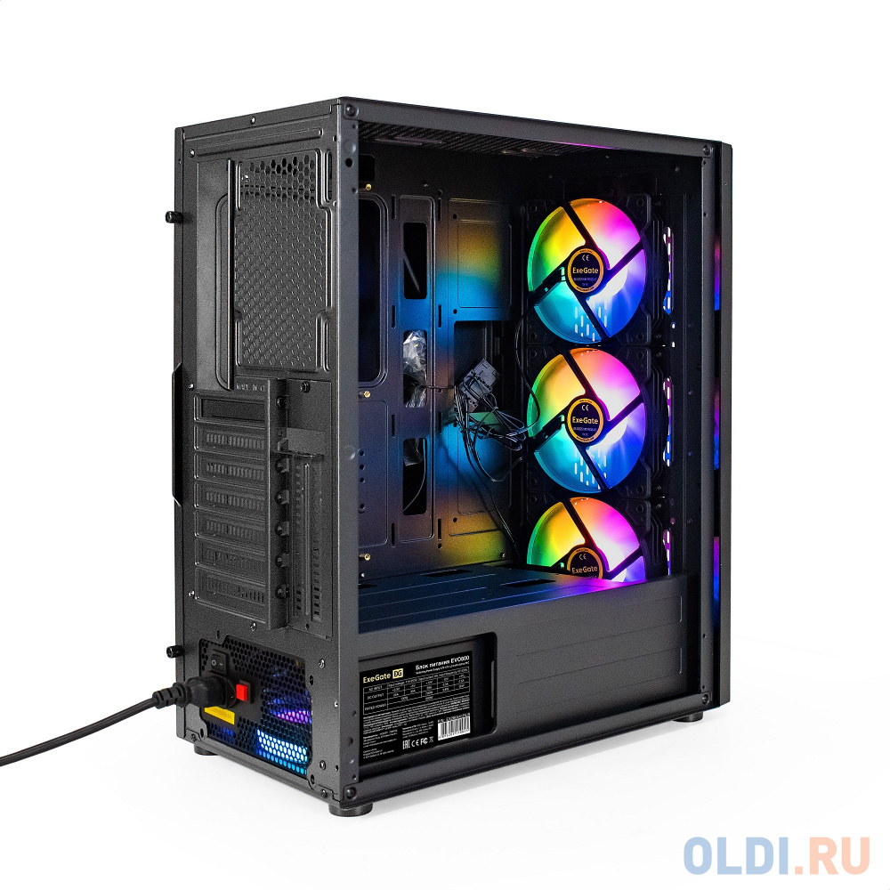 Корпус Miditower ExeGate EVO-9205-EVO800 (ATX, БП EVO800RGB с вент. 12 см, с окном, 1*USB+1*USB3.0, аудио, черный, 3 вент. 12см с RGB подсветкой) в Москвe