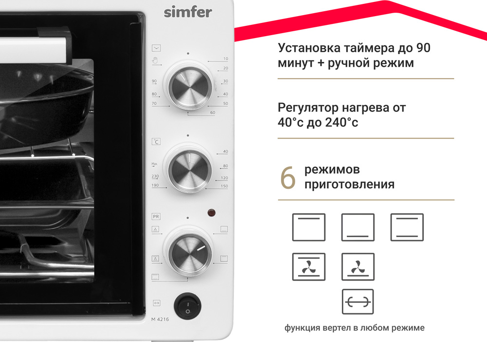 Мини-печь Simfer M4216 серия Albeni Plus, 6 режимов работы, конвекция, вертел