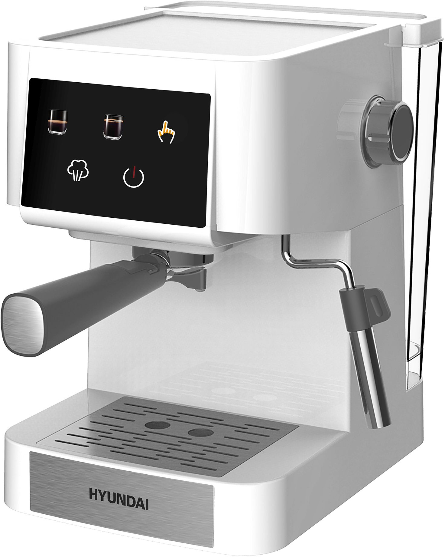 Кофеварка рожковая Hyundai HEM-3203, 1 кВт, кофе молотый, 1.5 л, ручной капучинатор, дисплей, белый/серебристый