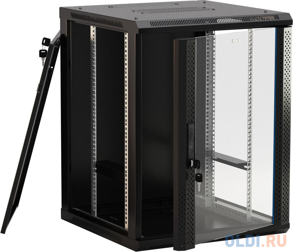 Hyperline TWB-0666-GP-RAL9004 Шкаф настенный 19-дюймовый (19"), 6U, 367x 600х 600мм, стеклянная дверь с перфорацией по бокам, ручка с замком, цве