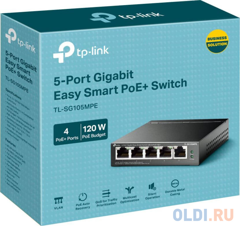 TP-Link TL-SG105MPE, Коммутатор Easy Smart с 5 гигабитными портами (4 порта PoE+), 802.3af/at, бюджет PoE — 120 Вт, стальной корпус