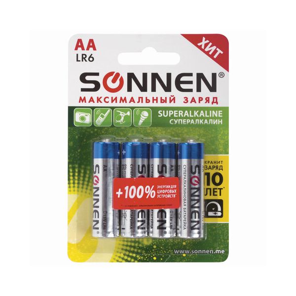 Батарейка SONNEN Super Alkaline, АА (LR06, 15А), алкалиновые, 4шт., в блистере, 451094