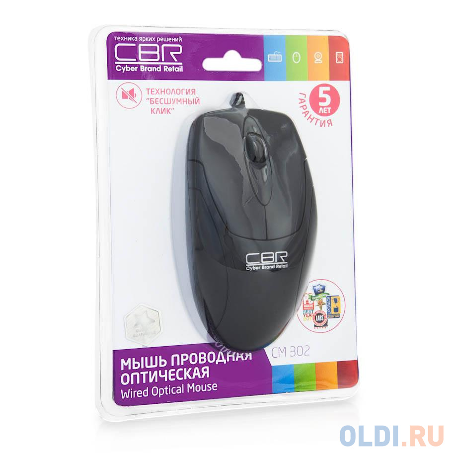 Мышь CBR CM-302 Black, 1200 dpi, оптика, бесшумное нажатие, провод 1.25 метра,  USB