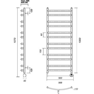 Полотенцесушитель электрический Domoterm Калипсо П12 500х1000 ER справа