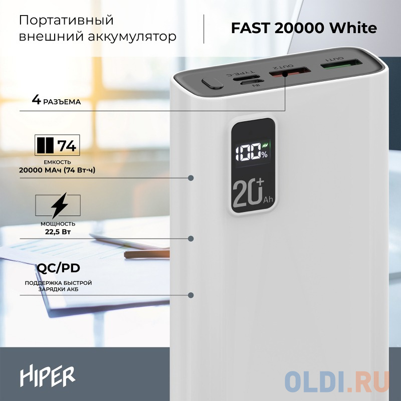 Внешний аккумулятор Power Bank 20000 мАч HIPER EP 20000 белый в Москвe