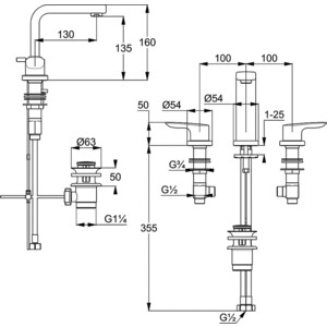 Смеситель для раковины Kludi Pure&Solid на 3 отверстия, с донным клапаном (343940575)