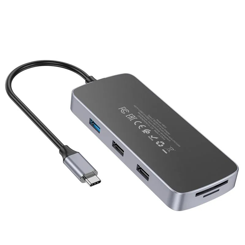 Хаб USB Hoco HB33 Easy HDTV/PD/USB3.0/2xUSB2.0/SD/TF/RJ45/VGA/AUX + кабель Type-C Grey 6931474791337