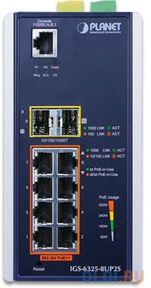 PLANET IGS-6325-8UP2S IP30 DIN-rail Industrial L3 8-Port 10/100/1000T 802.3bt PoE + 2-port 1G/2.5G SFP Full Managed Switch (-40 to 75 C, 8-port 95W Po