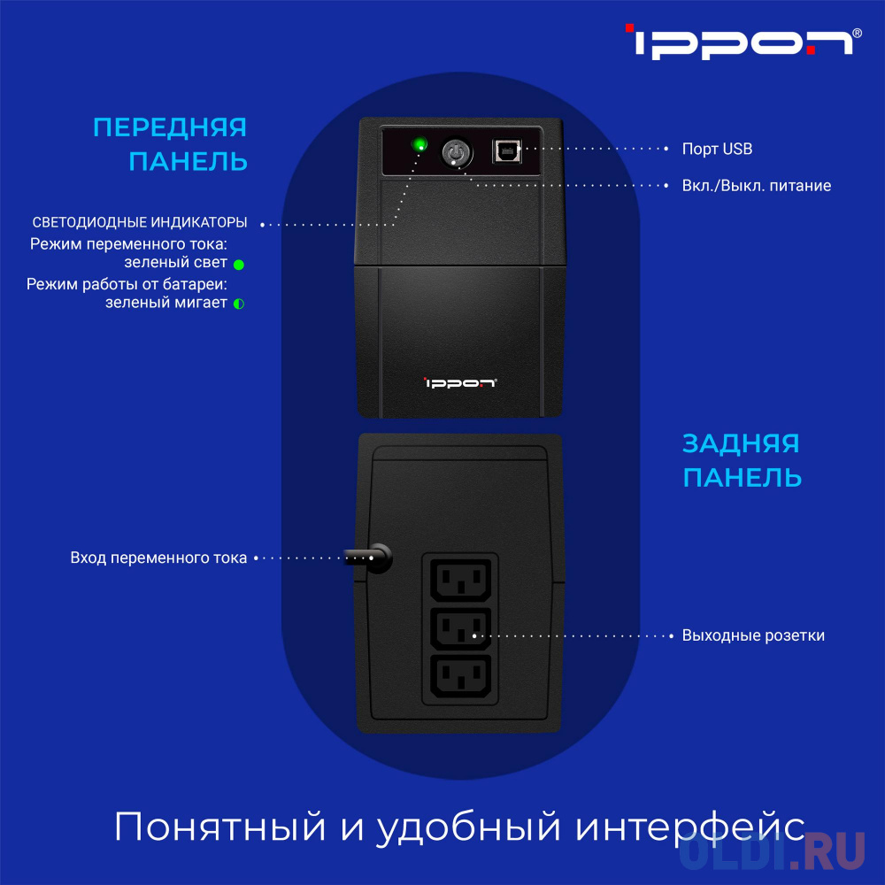 ИБП Ippon Back Basic 1050 1050VA/600W RJ-11,USB (3 IEC)