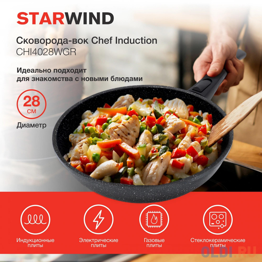 Сковорода ВОК (WOK) Starwind Chef Induction SW-CHI4028WGR круглая 28см покрытие: Pfluon ручка съемная (с крышкой) серый в Москвe