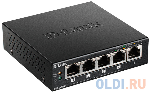 Коммутатор D-Link DGS-1005P/A1A Неуправляемый коммутатор с 5 портами 10/100/1000Base-T, функцией энергосбережения и поддержкой QoS (4 порта с поддержк