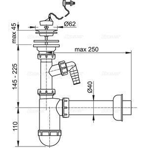 Сифон AlcaPlast для ракоины O40 с подводкой, с нержавеющей решеткой O63, с цепочкой (A41PR)