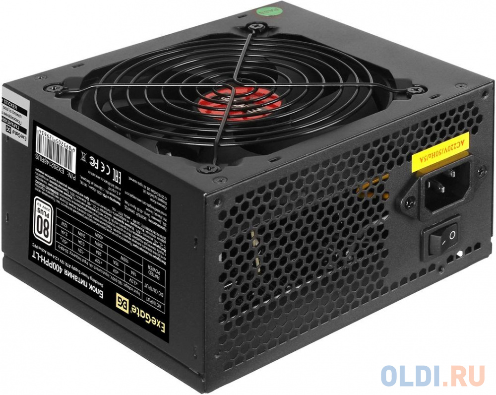 Блок питания 400W ExeGate 80 PLUS® 400PPH-LT (ATX, APFC, КПД 82% (80 PLUS), 12cm fan, 24pin, 4+4pin, PCI-E, 3xSATA, 3xIDE, RTL(color box), black)