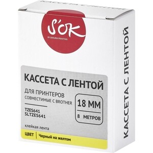 Кассета с лентой S'OK TZES641 для Brother, черный на желтом, 18мм/8м