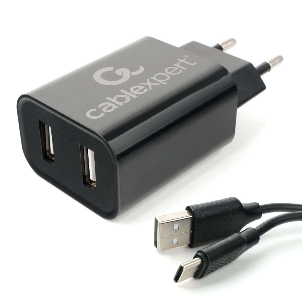 Сетевое зарядное устройство Cablexpert MP3A-PC-37 12W, 2USB, 2.4A, черный, кабель USB Type C