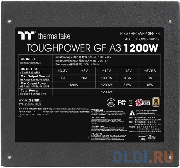 Блок питания Thermaltake ATX 1200W Toughpower GF A3 Gen.5 80+ gold (20+4pin) APFC 140mm fan color LED 12xSATA Cab Manag RTL