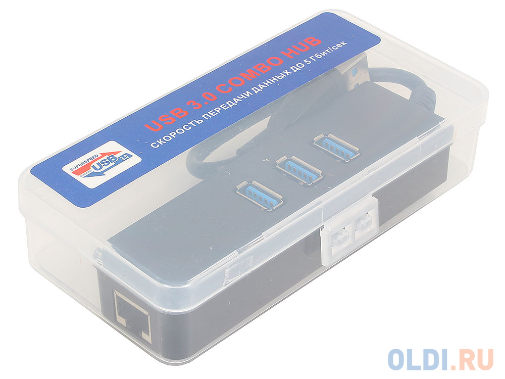 Концентратор USB 3.0 ORIENT JK-340, USB 3.0 HUB 3 Ports + Gigabit Ethernet Adapter, RJ45 10/100/1000 Мбит/с, черный